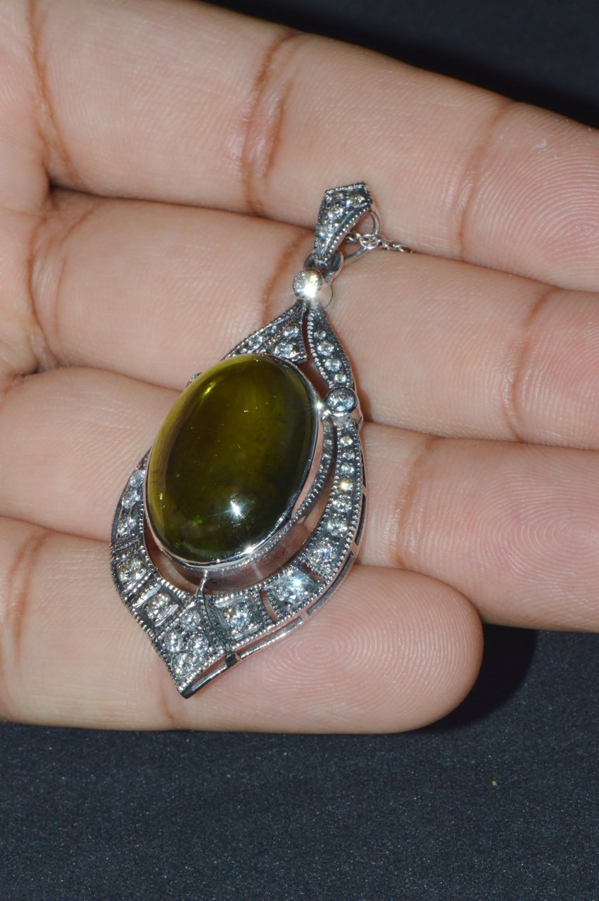 Certified Natural 28.17Cts Diamond Green Tourmaline 18K Gold Art Deco Slide Pendant Necklace