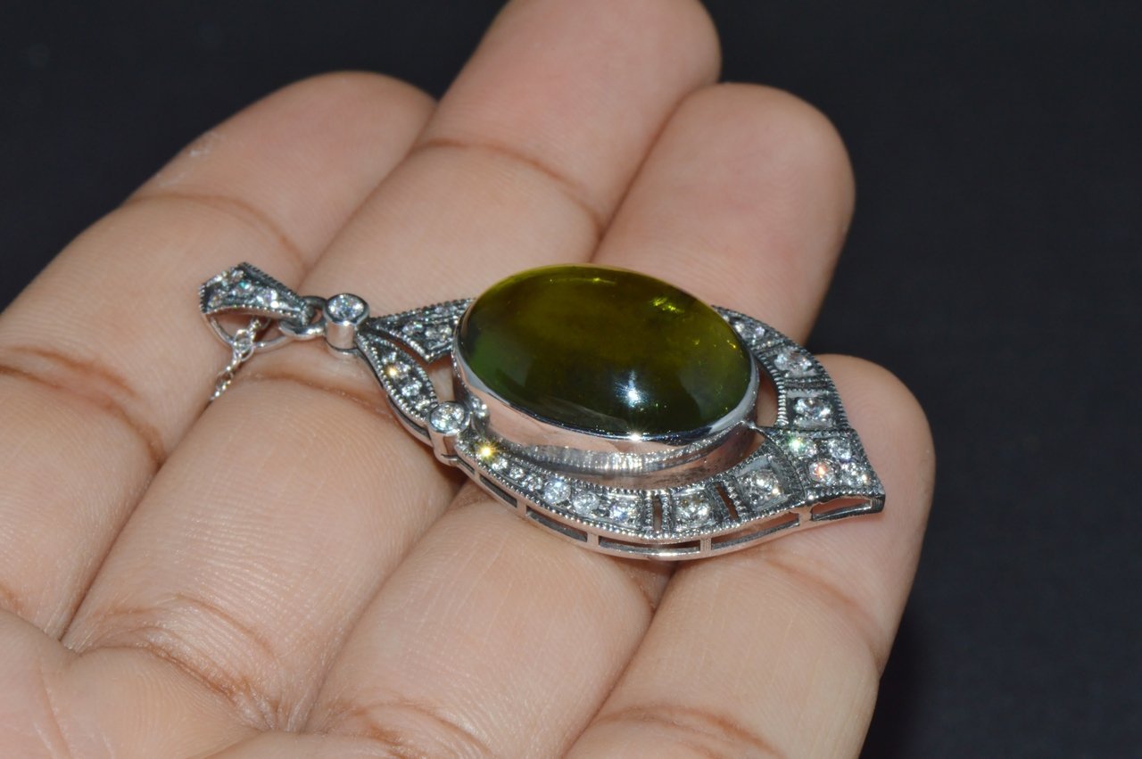 Certified Natural 28.17Cts Diamond Green Tourmaline 18K Gold Art Deco Slide Pendant Necklace