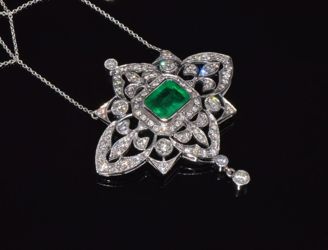 Vintage Art Deco GIA Natural 6.91Cts VS F Diamond Emerald 18K Solid Gold 950 Platinum Pendant Necklace
