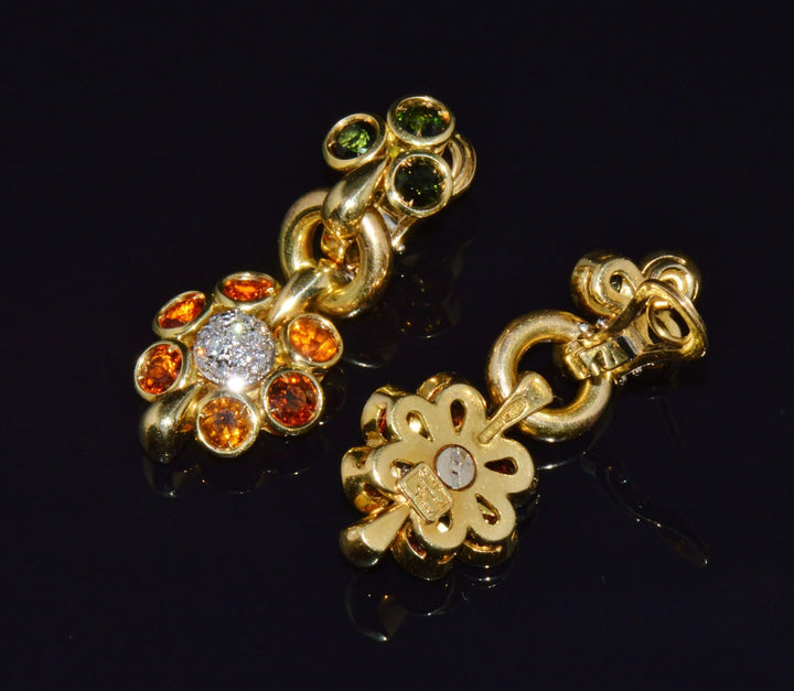 Authentic Vintage Piero Milano 5.40Cts Natural Spessartite Garnet Green Tourmaline Diamond Solid 18K Gold Earrings