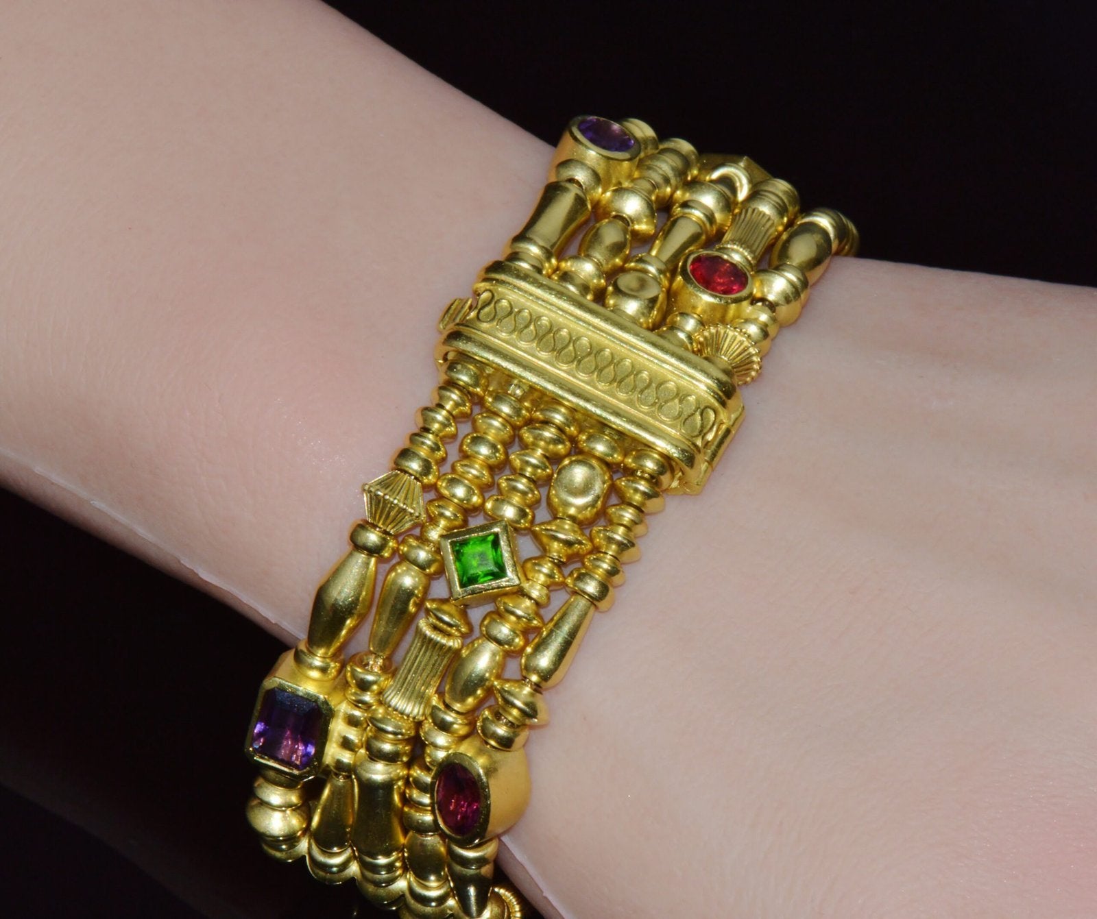 Designer Seidengang Natural Tourmaline Amethst Garnet 18K Solid Gold Multi-Strand Beaded Bracelet