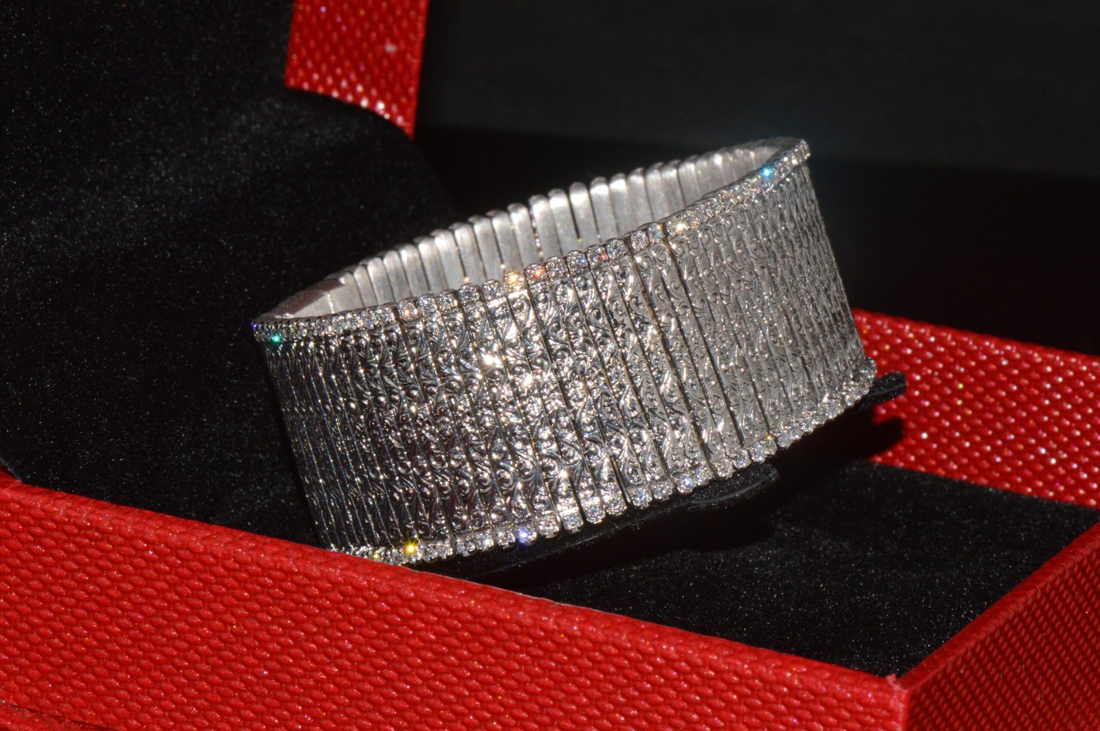 Rare Roberto Coin Natural 3.20CT Diamond Floral Scroll Work Wide Bracelet in Solid 18K White Gold