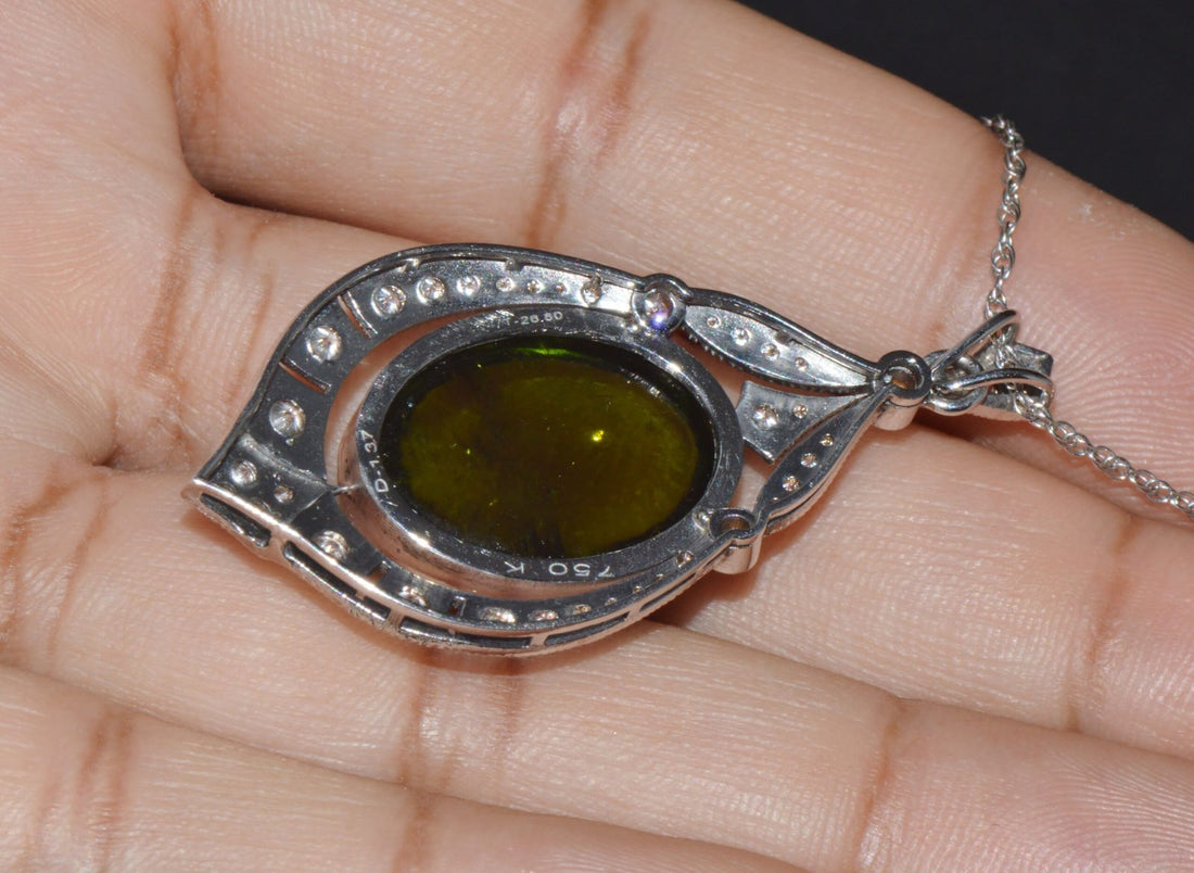 Certified Natural 28.17Cts Diamond Green Tourmaline 18K Gold Art Deco Slide Pendant Necklace