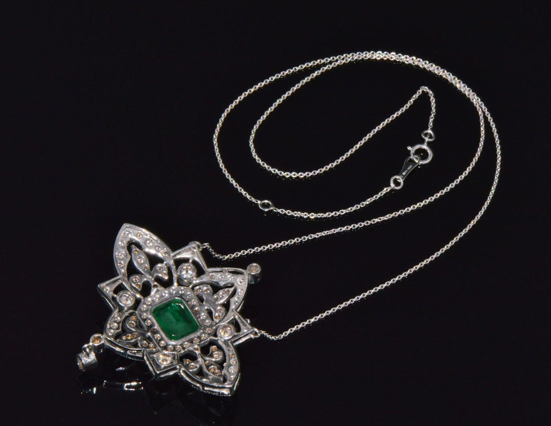 Vintage Art Deco GIA Natural 6.91Cts VS F Diamond Emerald 18K Solid Gold 950 Platinum Pendant Necklace