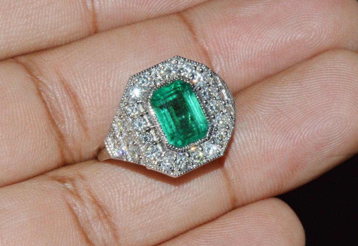 GIA Certified 3.98CT Natural Zambian Emerald & Diamond Tiered Halo Milgrain 18K White Gold Ring