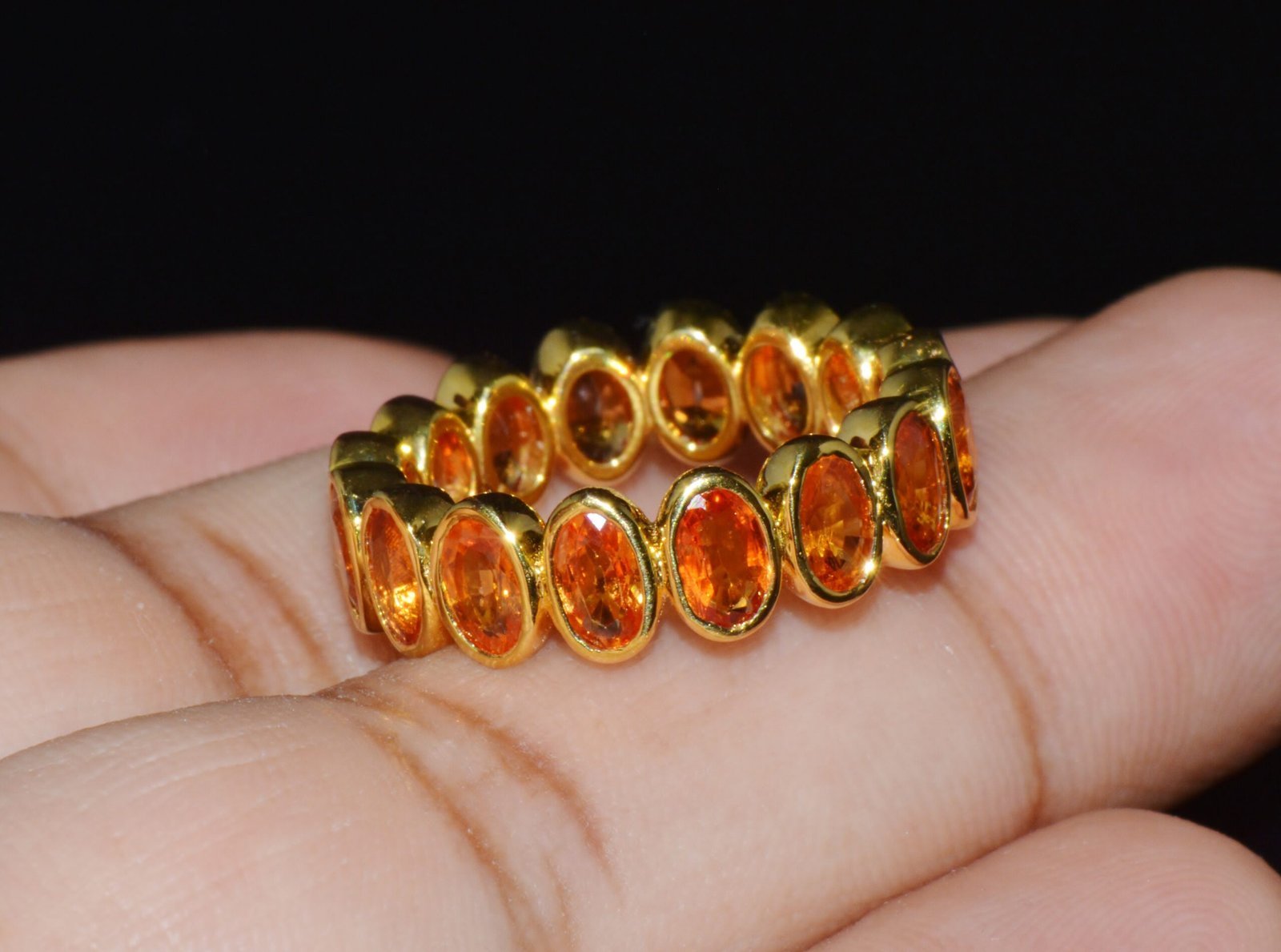 Certified Natural 5.04Cts Orange Sapphire Solid 18K Gold Eternity Band Ring Sz 6.5