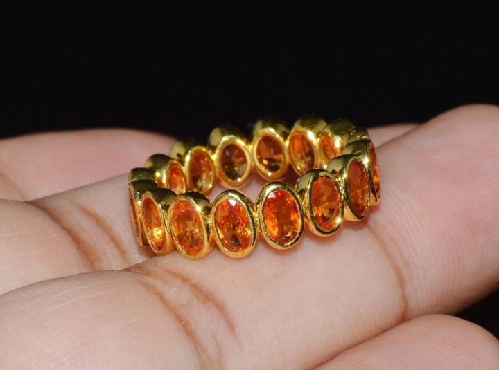 Certified Natural 5.04Cts Orange Sapphire Solid 18K Gold Eternity Band Ring Sz 6.5