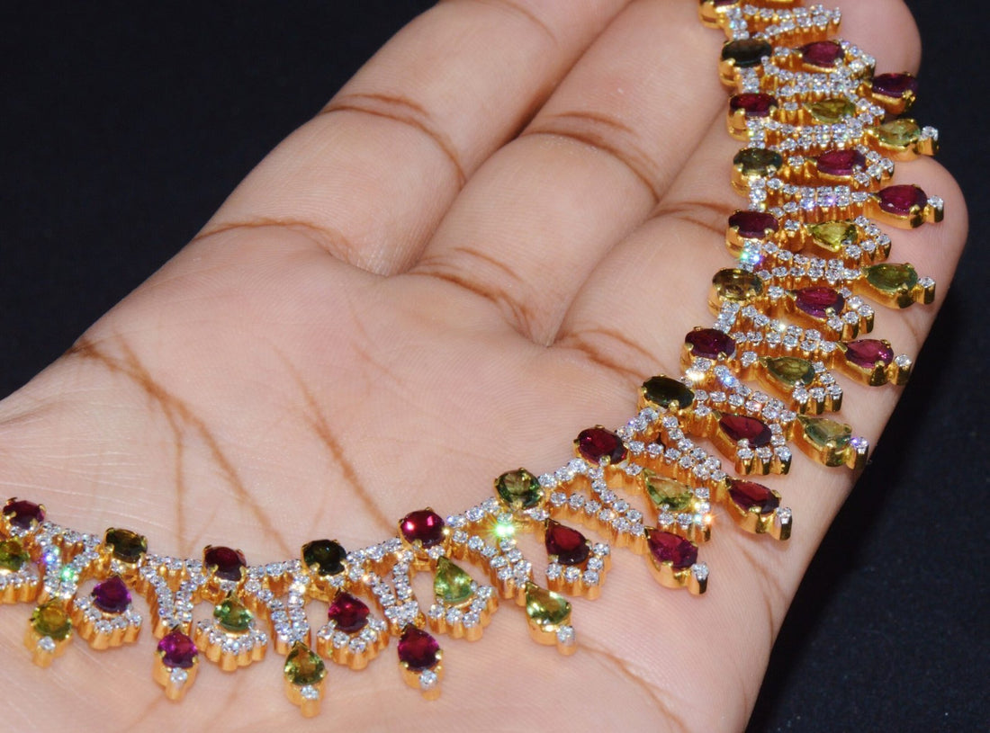 Certified Natural 26.2CTS VS G Diamond Tourmaline 18K Solid Gold Cocktail Necklace
