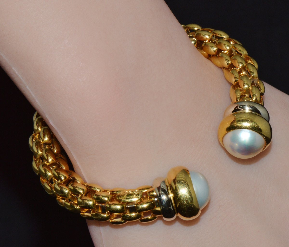 Vintage FOPE Flex’it Solid 18K Gold Pearl Open Cuff Bangle Bracelet
