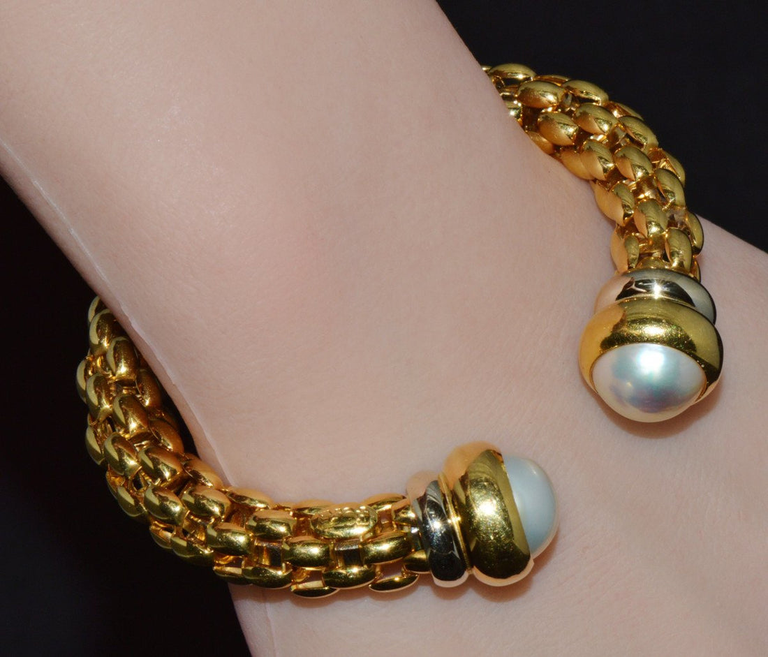 Vintage FOPE Flex’it Solid 18K Gold Pearl Open Cuff Bangle Bracelet