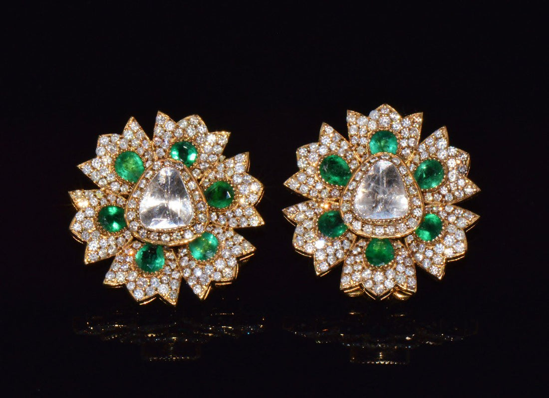 Estate Natural 6.40CTS Diamond & Emerald Solid 18K Gold Floral Earrings