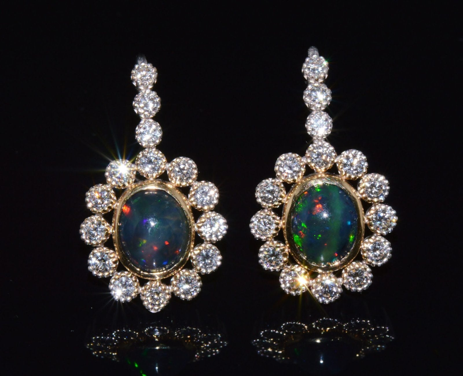 Certified Natural 4.52CTS VS F Diamond Black Opal 18K Solid Gold Halo Dangle Earrings