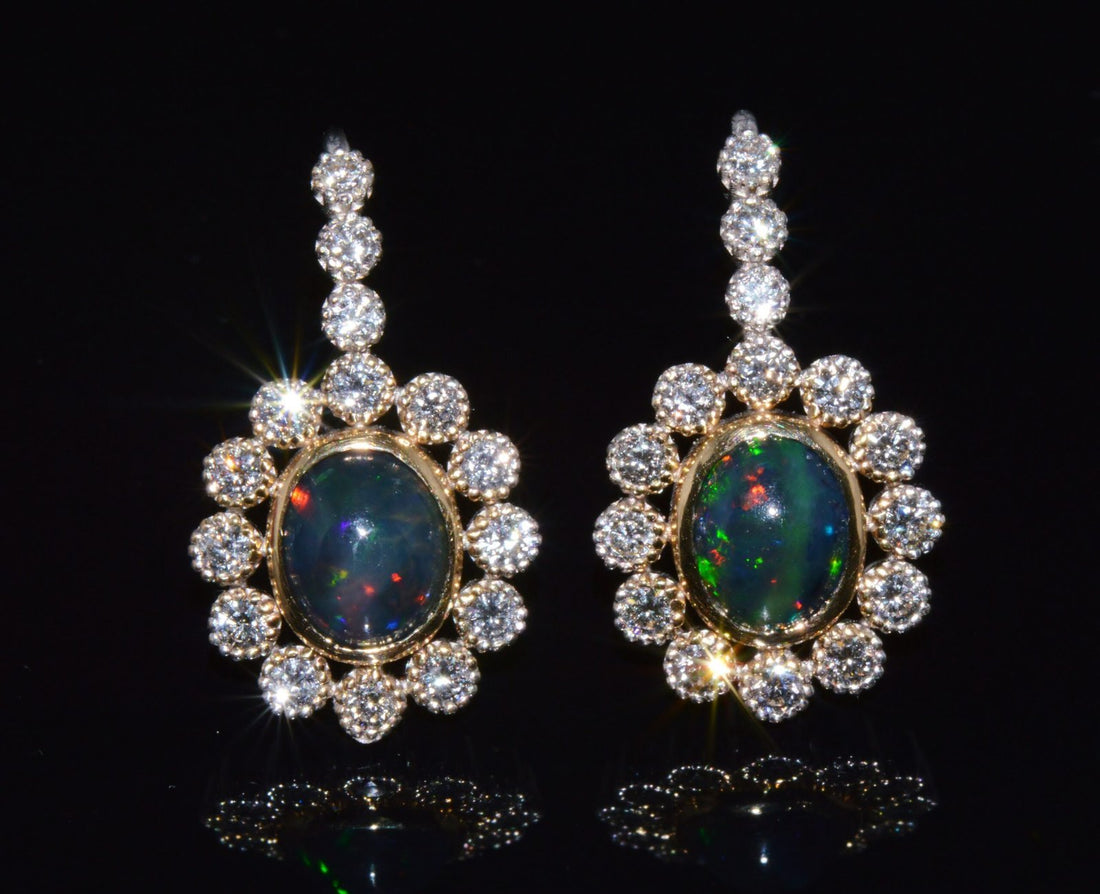 Certified Natural 4.52CTS VS F Diamond Black Opal 18K Solid Gold Halo Dangle Earrings