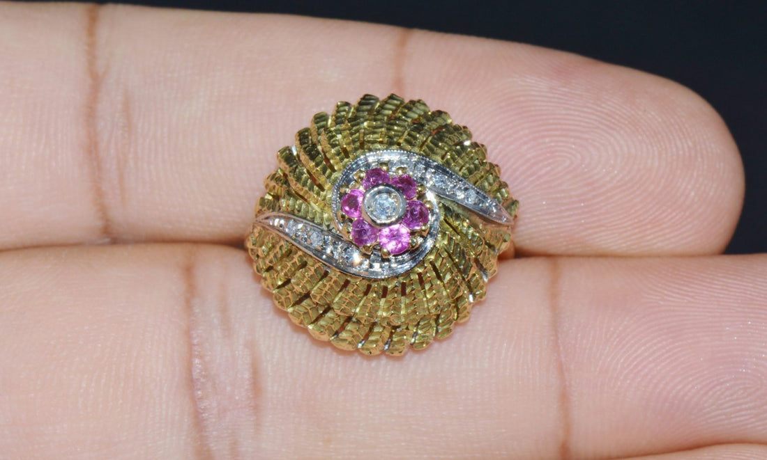 Vintage Natural .50Cts VS G Diamond Ruby 18K Solid Gold 2 Tone Bombay Dome Ring