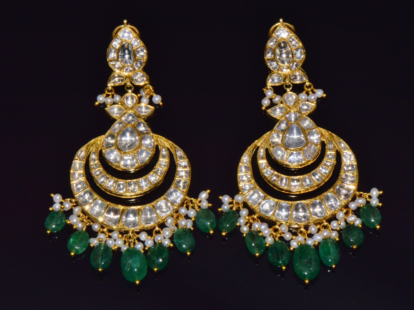 Estate Natural 36.6CTS Polki Diamond Emerald 22K 18K Gold Chandelier Earrings
