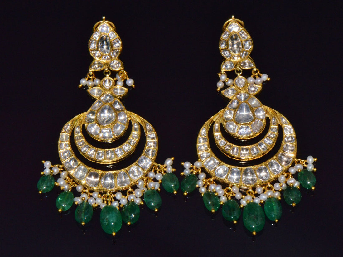 Estate Natural 36.6CTS Polki Diamond Emerald 22K 18K Gold Chandelier Earrings