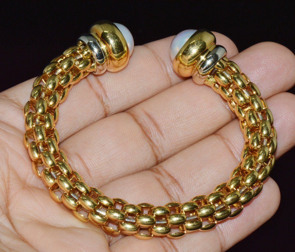 Vintage FOPE Flex’it Solid 18K Gold Pearl Open Cuff Bangle Bracelet