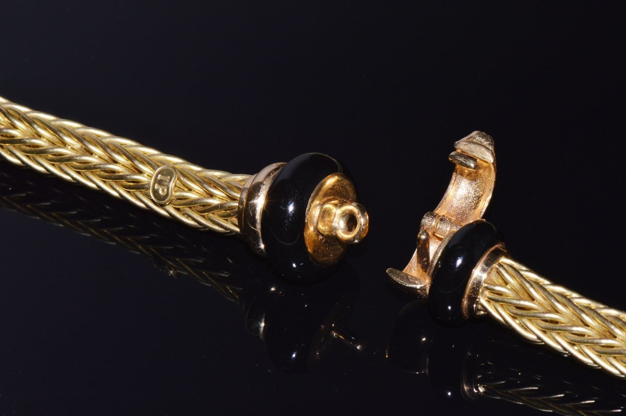 18K Solid Gold Italian Woven Braided Necklace with Black Enamel Accents 49.1g
