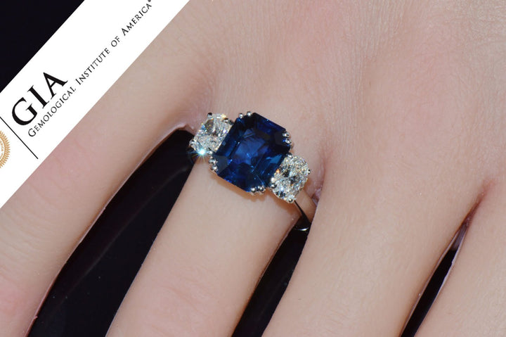 GIA Certified Natural 5.11CTS VVS F Diamond Royal Blue Sapphire 950 Platinum 3 Stone Ring
