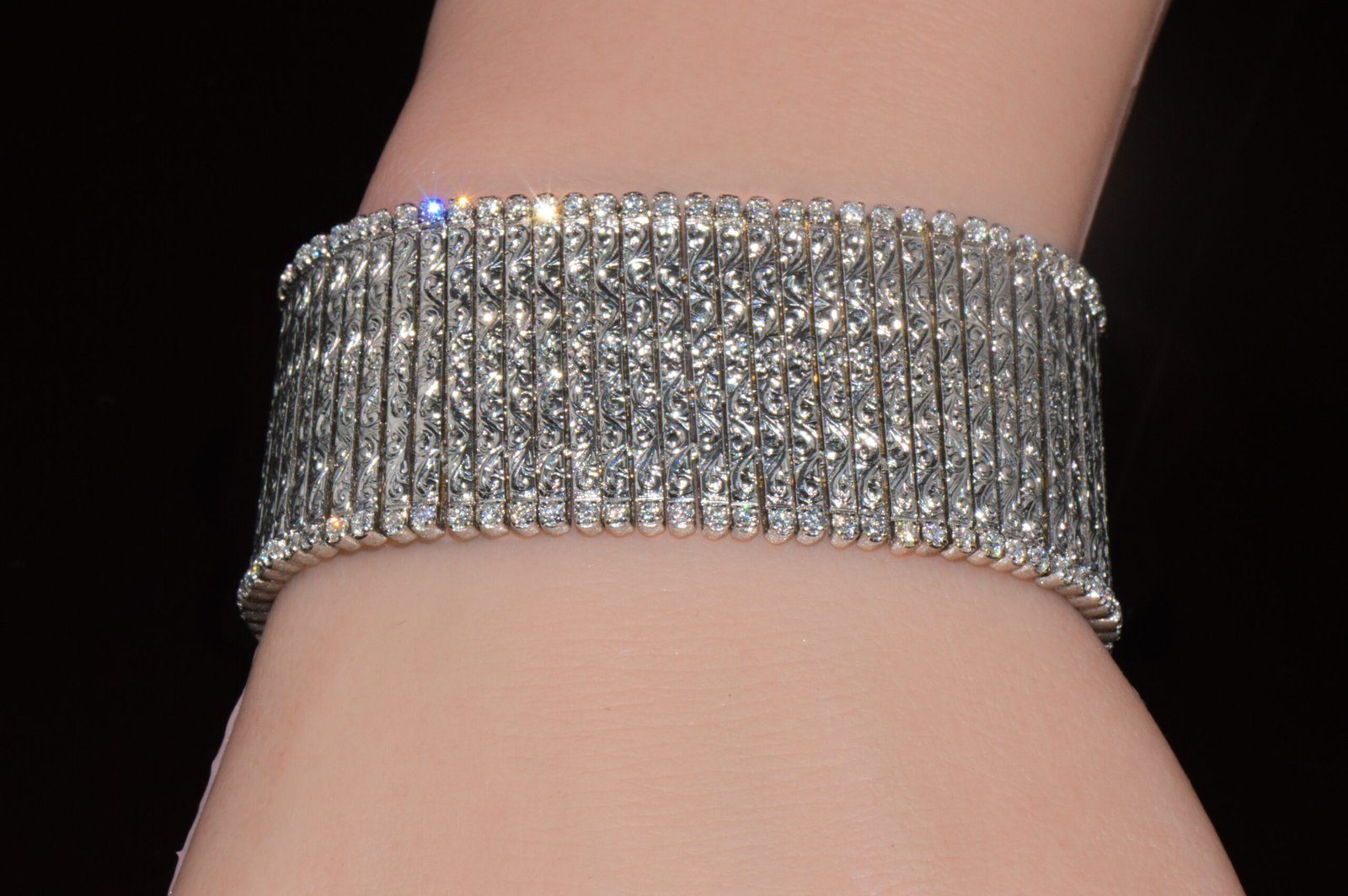 Rare Roberto Coin Natural 3.20CT Diamond Floral Scroll Work Wide Bracelet in Solid 18K White Gold