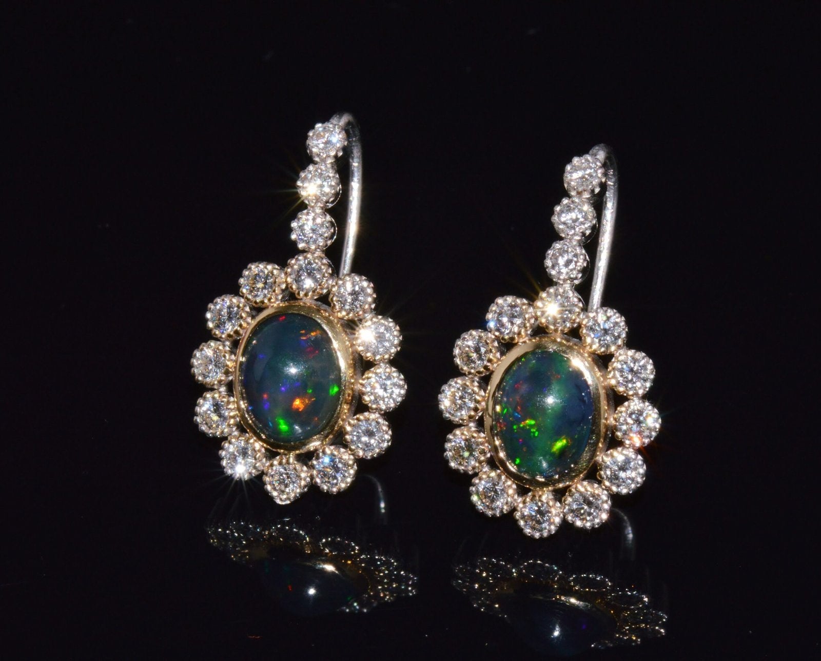 Certified Natural 4.52CTS VS F Diamond Black Opal 18K Solid Gold Halo Dangle Earrings
