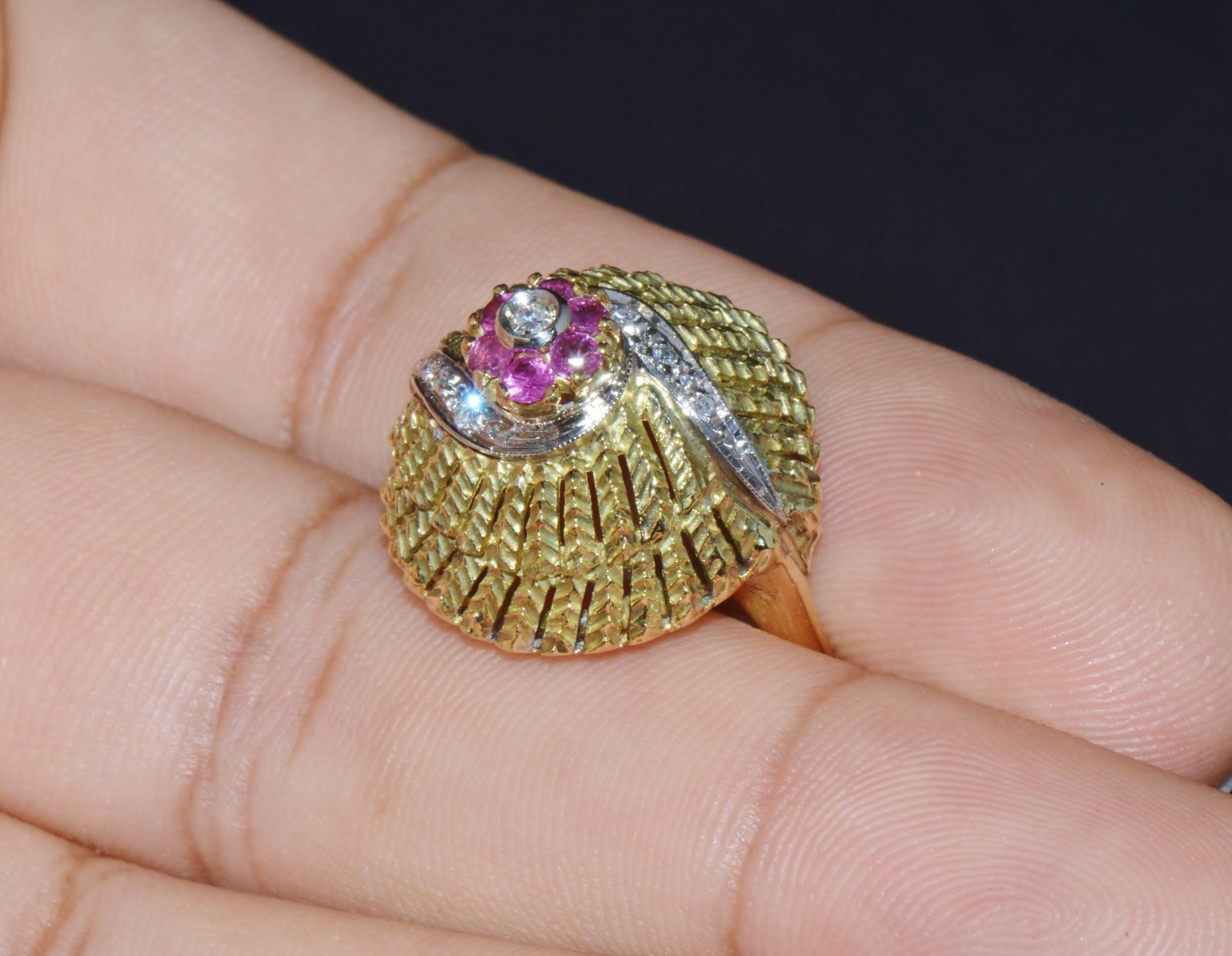 Vintage Natural .50Cts VS G Diamond Ruby 18K Solid Gold 2 Tone Bombay Dome Ring