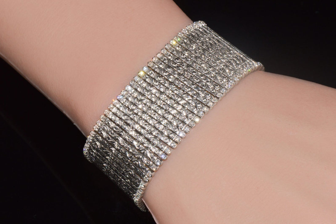 Rare Roberto Coin Natural 3.20CT Diamond Floral Scroll Work Wide Bracelet in Solid 18K White Gold