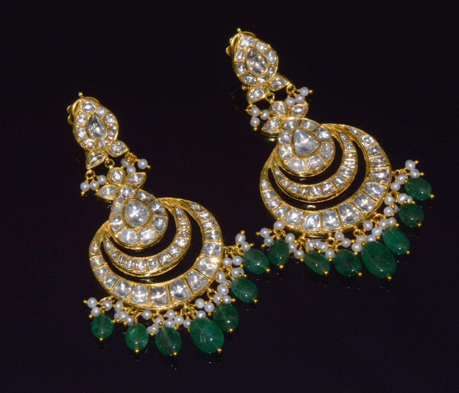 Estate Natural 36.6CTS Polki Diamond Emerald 22K 18K Gold Chandelier Earrings