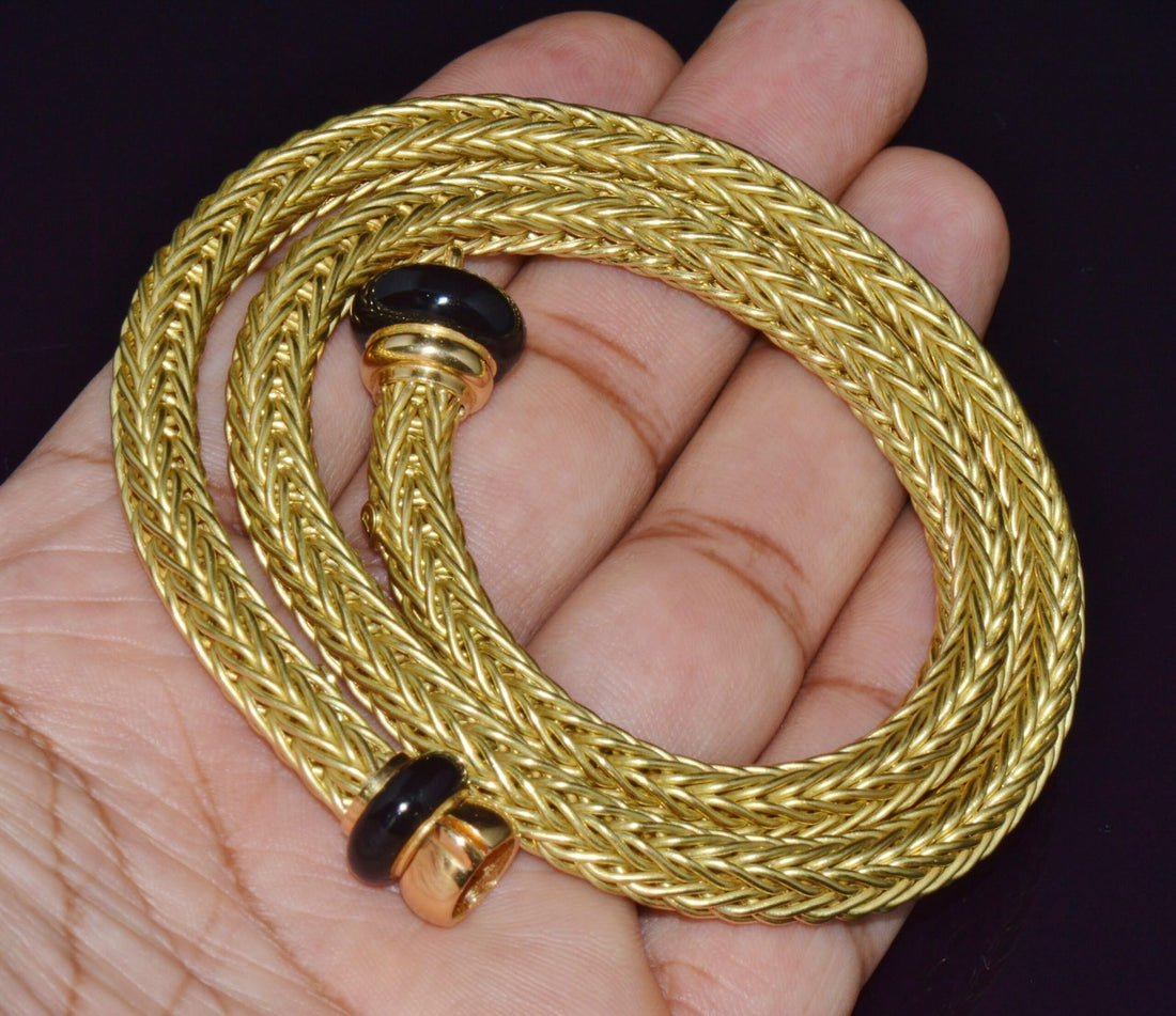 18K Solid Gold Italian Woven Braided Necklace with Black Enamel Accents 49.1g