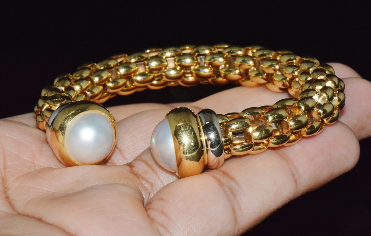 Vintage FOPE Flex’it Solid 18K Gold Pearl Open Cuff Bangle Bracelet