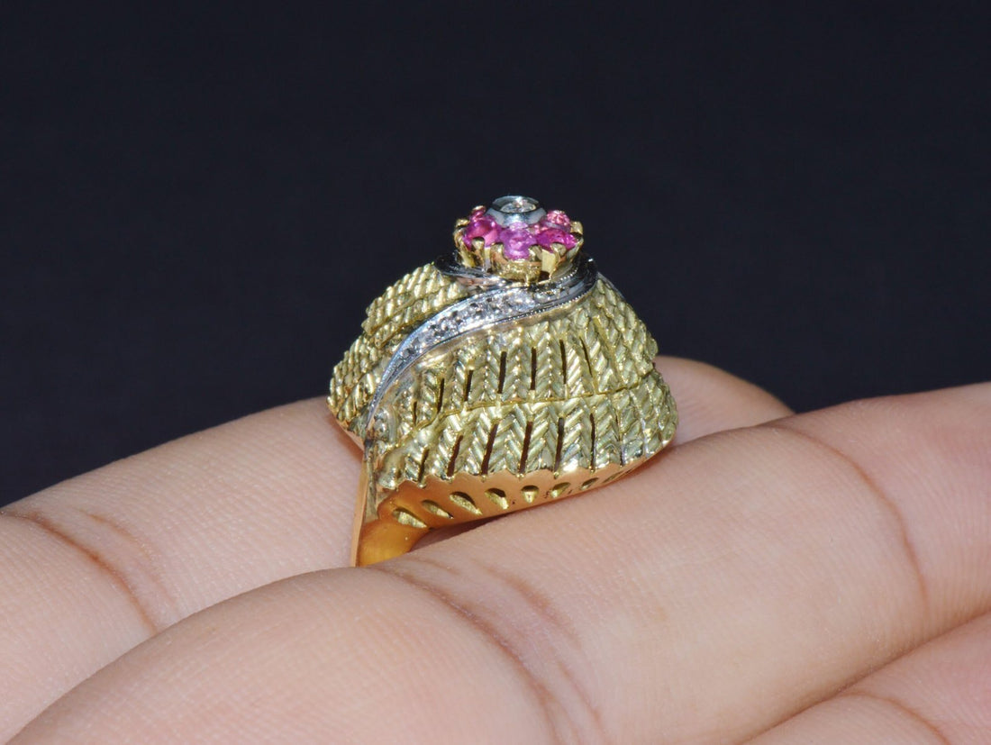 Vintage Natural .50Cts VS G Diamond Ruby 18K Solid Gold 2 Tone Bombay Dome Ring