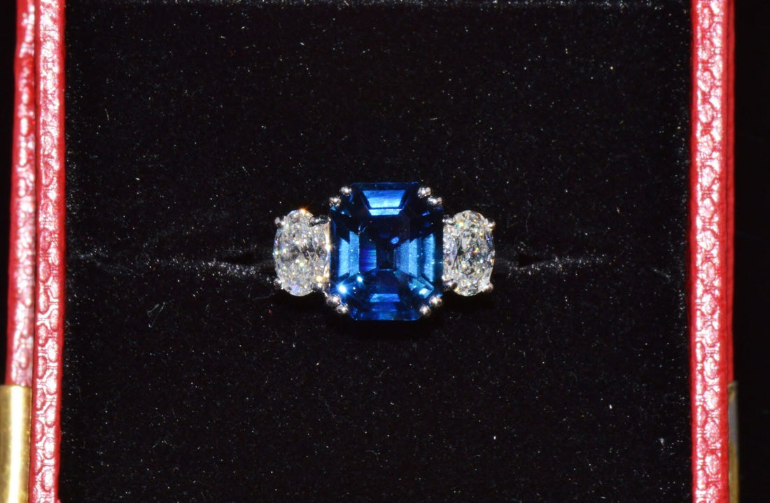 GIA Certified Natural 5.11CTS VVS F Diamond Royal Blue Sapphire 950 Platinum 3 Stone Ring