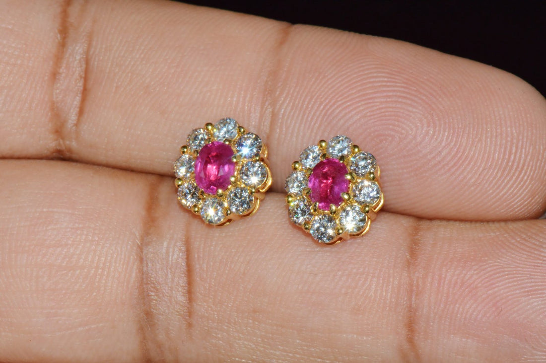 GIA Natural 2.12CTS VS F Diamond Madagascar Ruby 18K Gold Cluster Halo Earrings