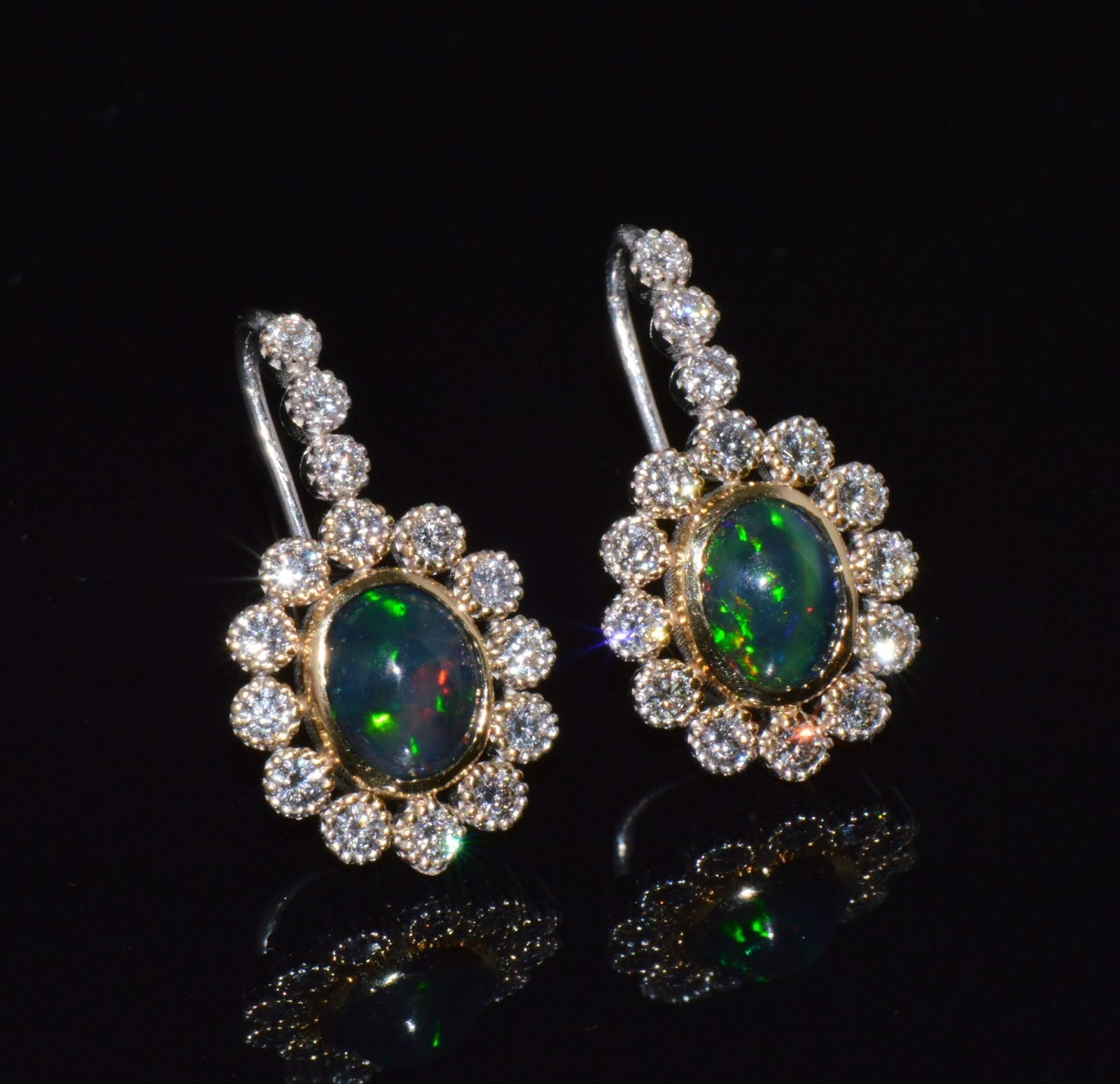 Certified Natural 4.52CTS VS F Diamond Black Opal 18K Solid Gold Halo Dangle Earrings