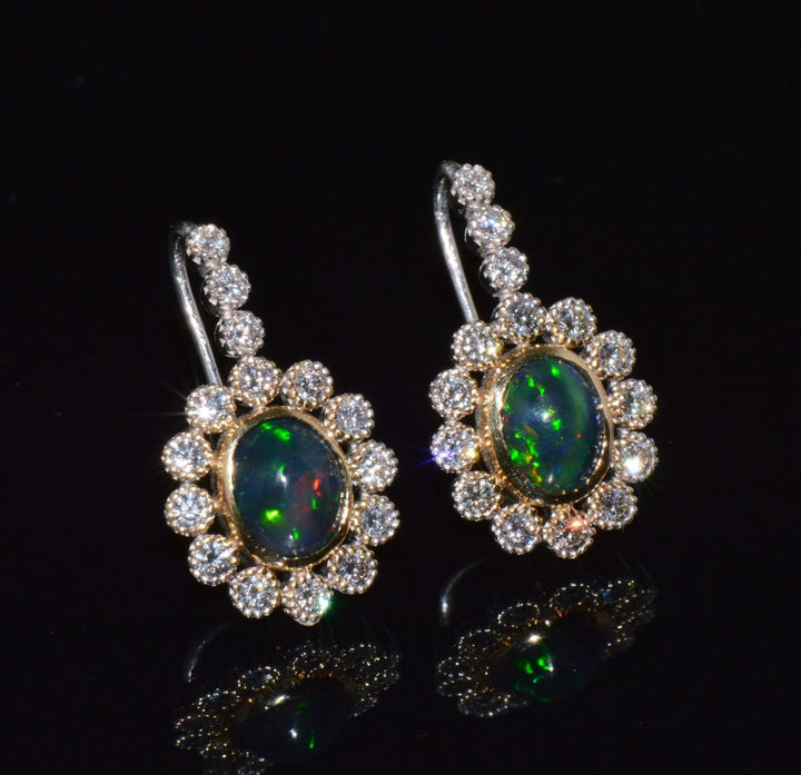 Certified Natural 4.52CTS VS F Diamond Black Opal 18K Solid Gold Halo Dangle Earrings