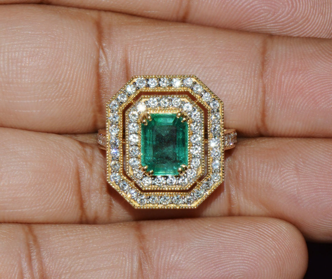 Certified Natural 3.4CTS VS F Diamond Emerald 18K Solid Gold Cocktail Milgrain Ring