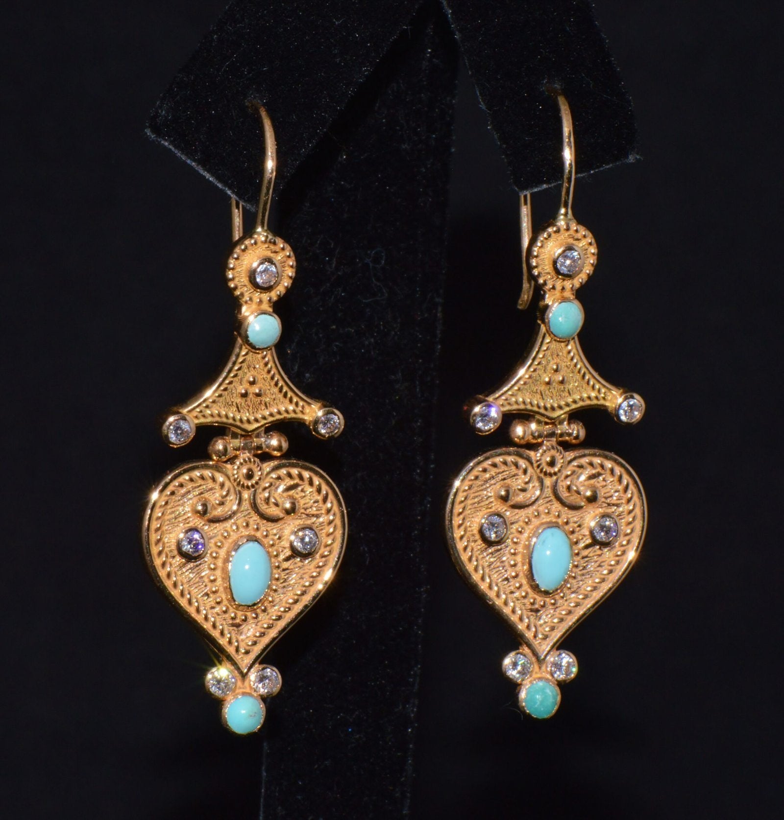Gorgeous Natural Diamond Turquoise 18K Solid Gold Byzantine Beaded Greek Dangle Earrings