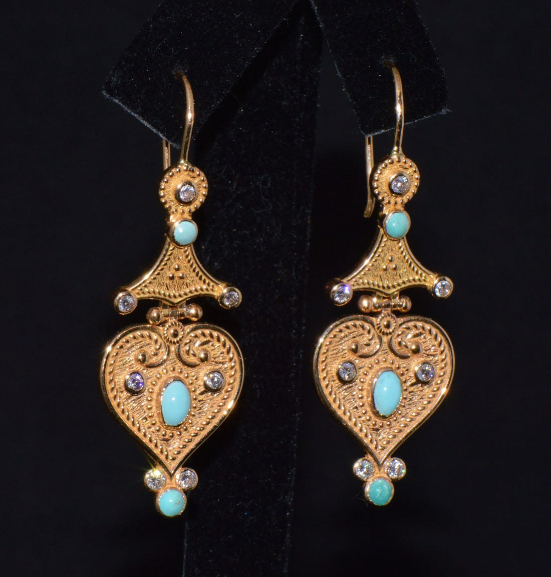 Gorgeous Natural Diamond Turquoise 18K Solid Gold Byzantine Beaded Greek Dangle Earrings