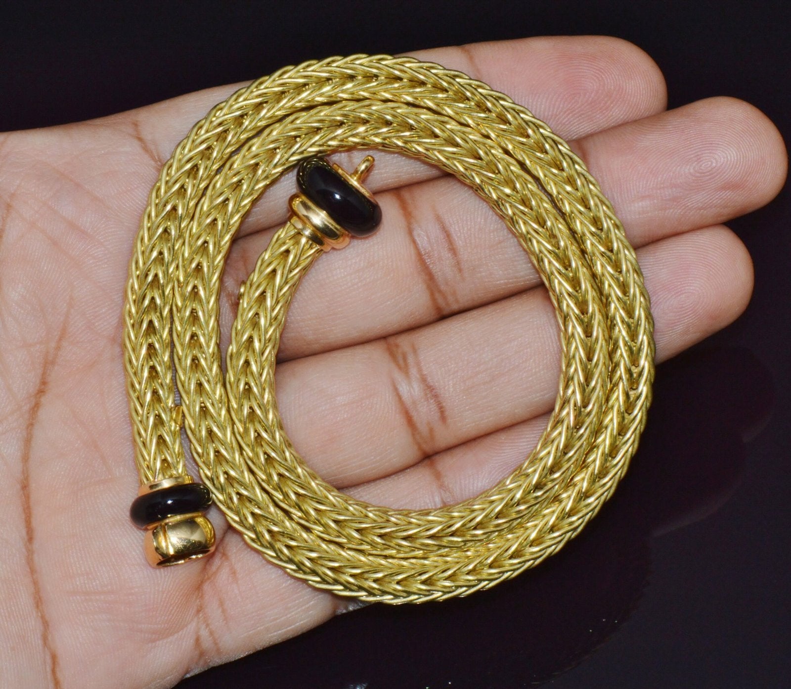 18K Solid Gold Italian Woven Braided Necklace with Black Enamel Accents 49.1g