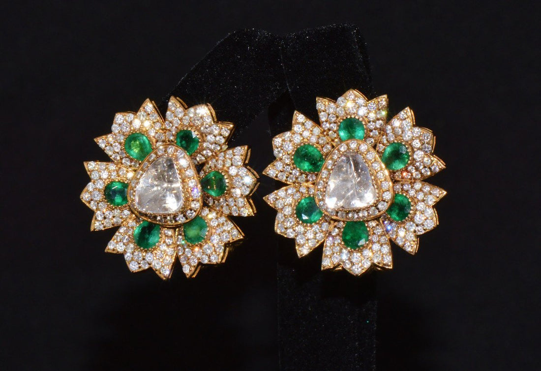 Estate Natural 6.40CTS Diamond & Emerald Solid 18K Gold Floral Earrings