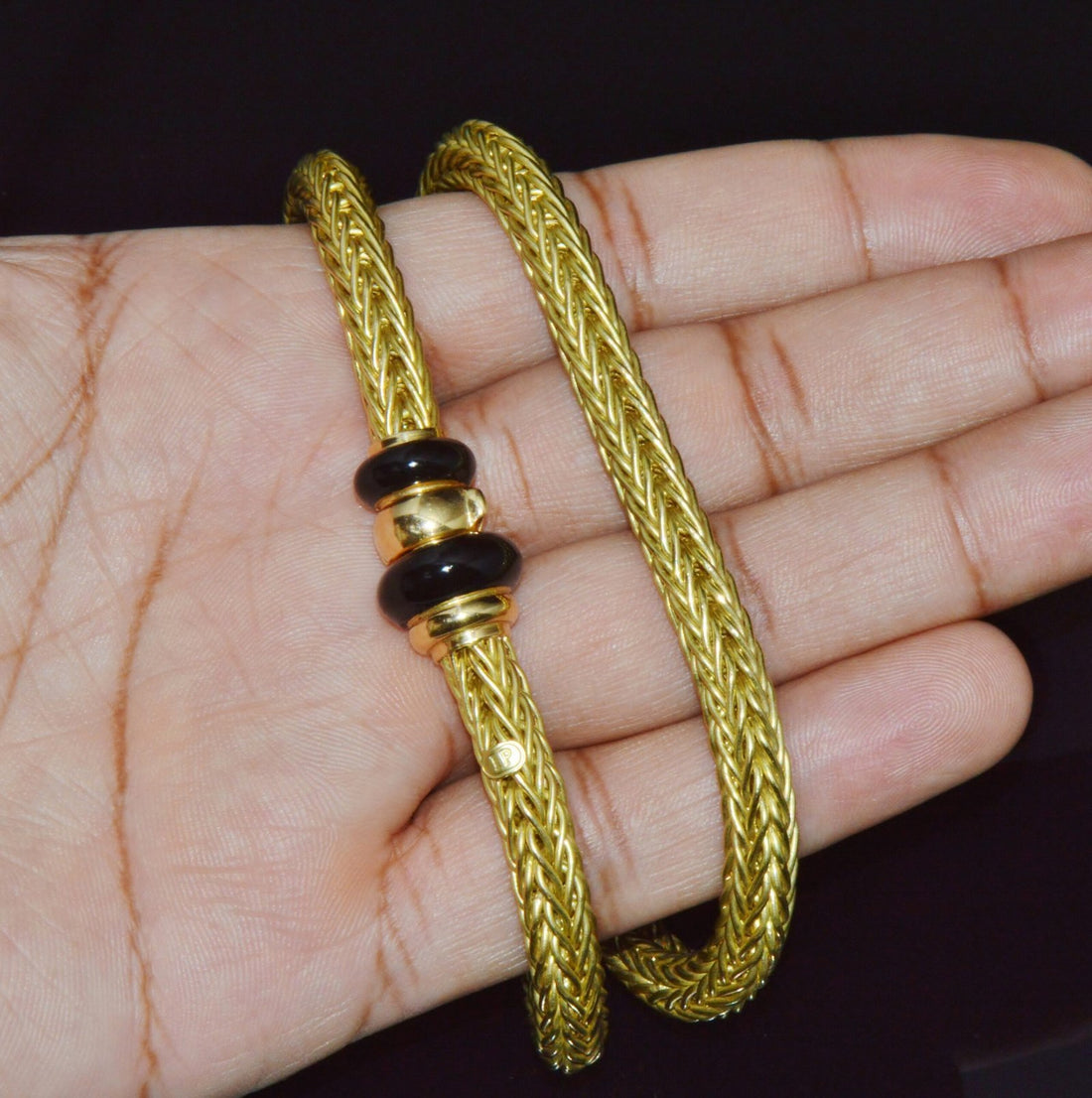 18K Solid Gold Italian Woven Braided Necklace with Black Enamel Accents 49.1g