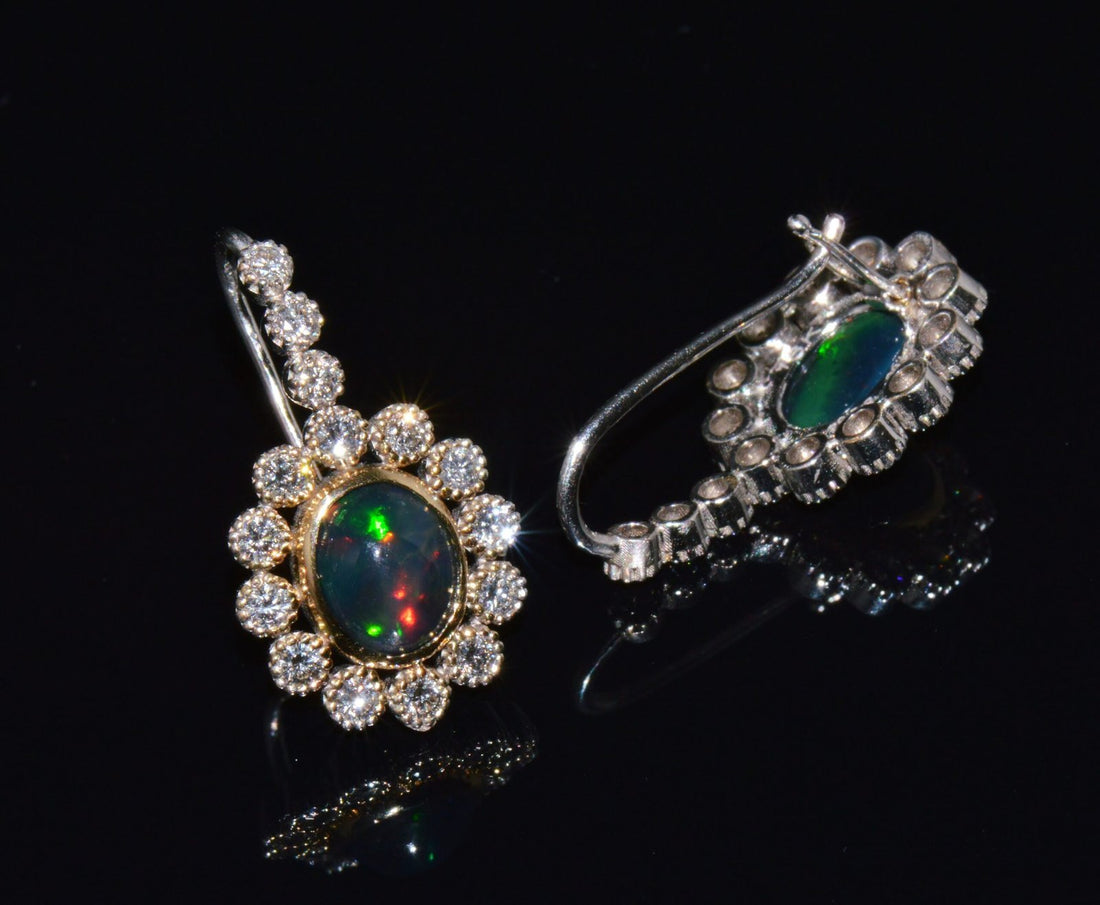Certified Natural 4.52CTS VS F Diamond Black Opal 18K Solid Gold Halo Dangle Earrings