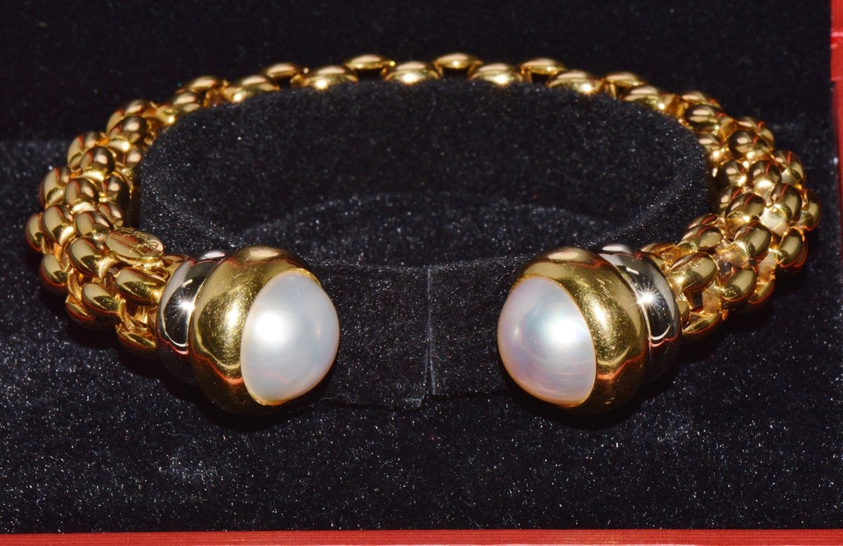 Vintage FOPE Flex’it Solid 18K Gold Pearl Open Cuff Bangle Bracelet