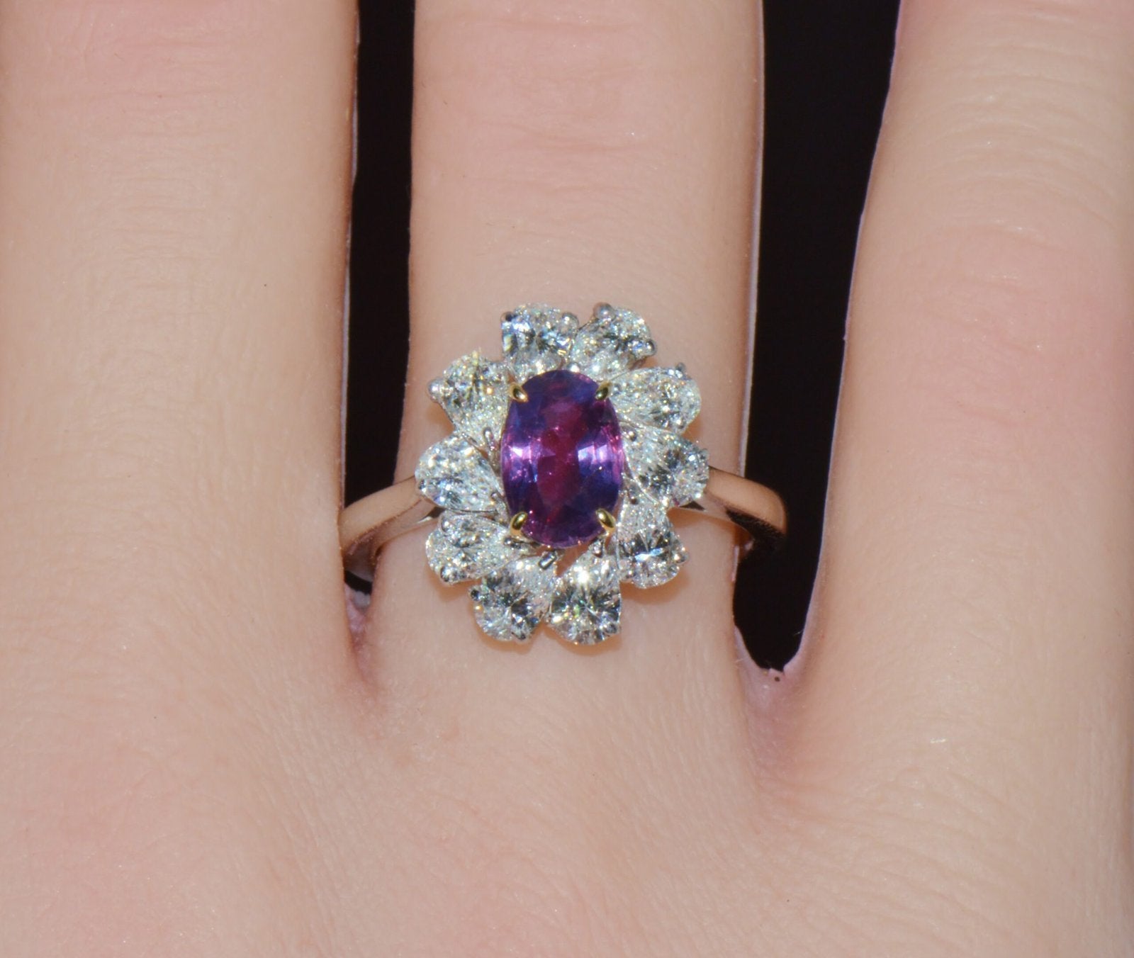 GIA Certified 3.15CT No-Heat Purple Pink Sapphire & Diamond 18K Gold Halo Ring
