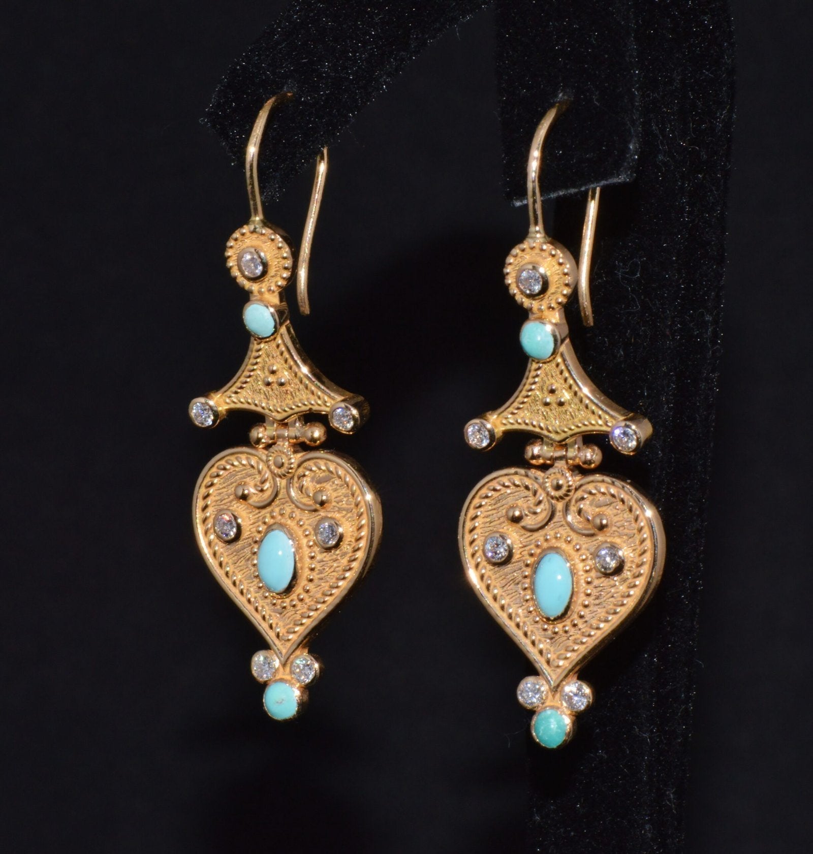 Gorgeous Natural Diamond Turquoise 18K Solid Gold Byzantine Beaded Greek Dangle Earrings