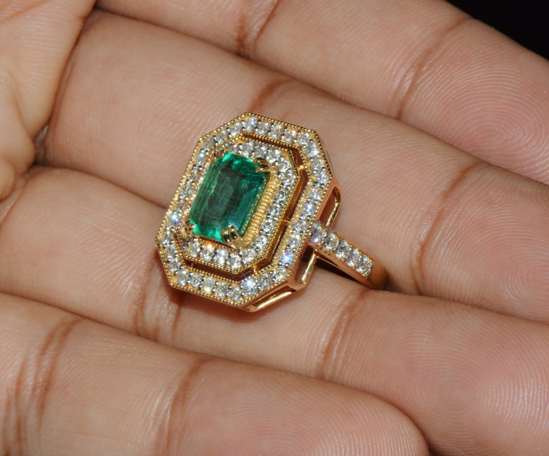 Certified Natural 3.4CTS VS F Diamond Emerald 18K Solid Gold Cocktail Milgrain Ring