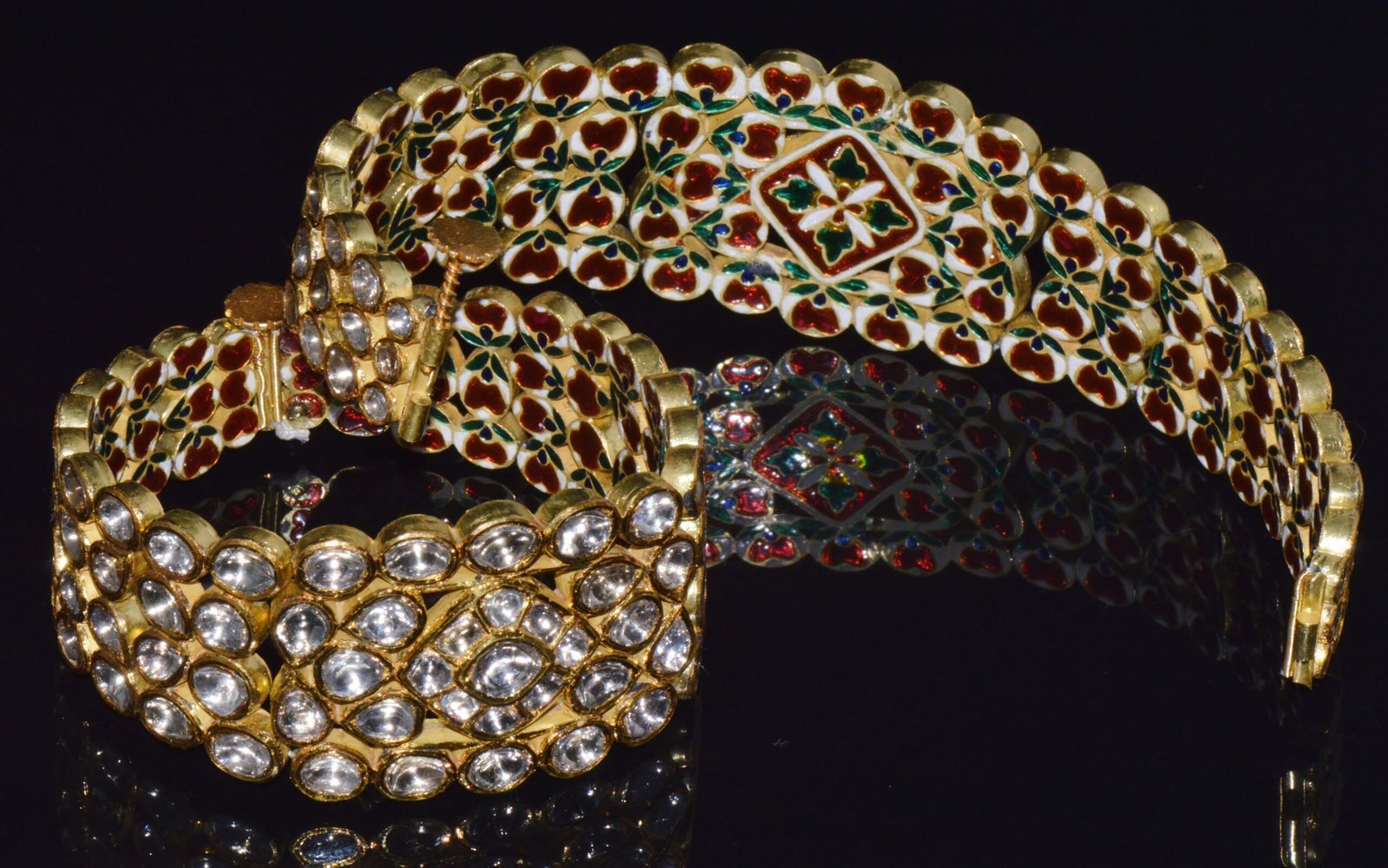 Estate 22K Solid Gold Natural Diamond Enamel Bangles Bracelets