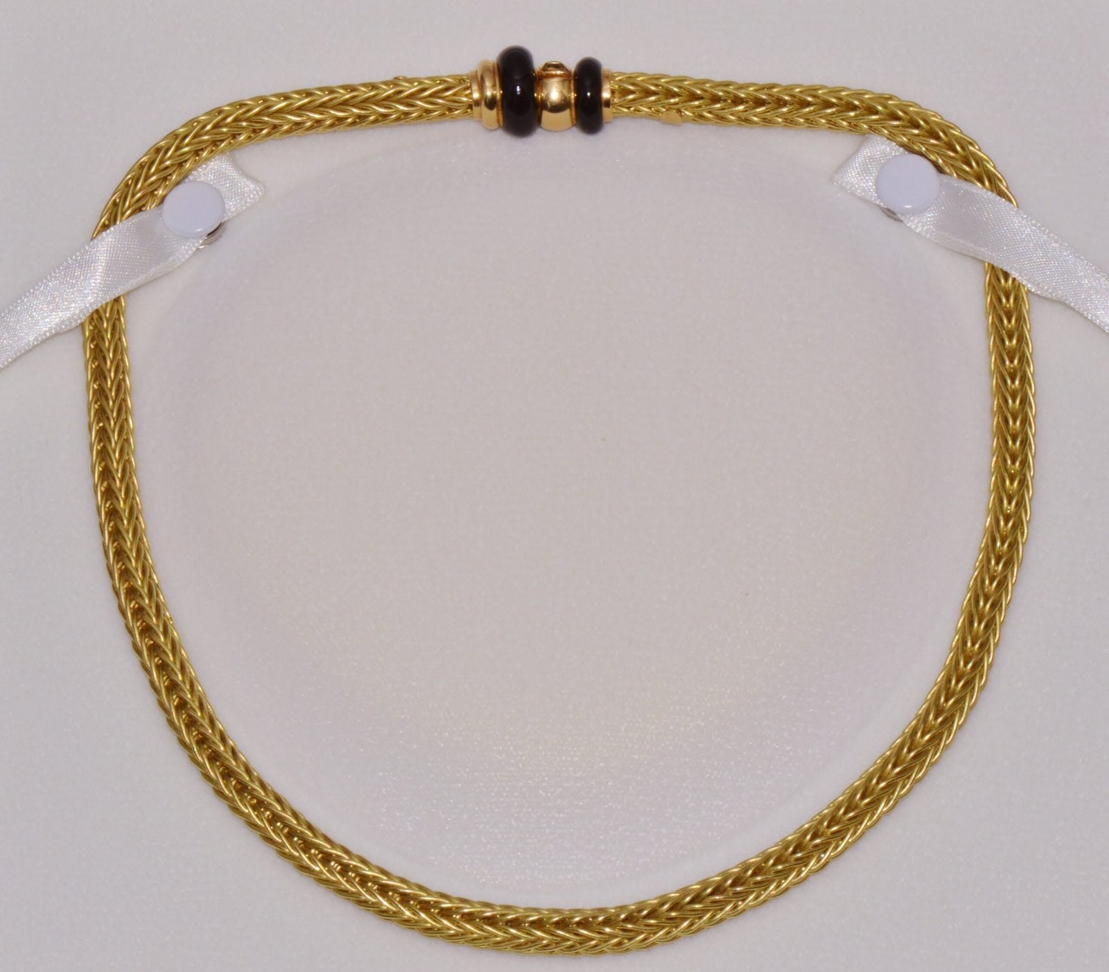 18K Solid Gold Italian Woven Braided Necklace with Black Enamel Accents 49.1g