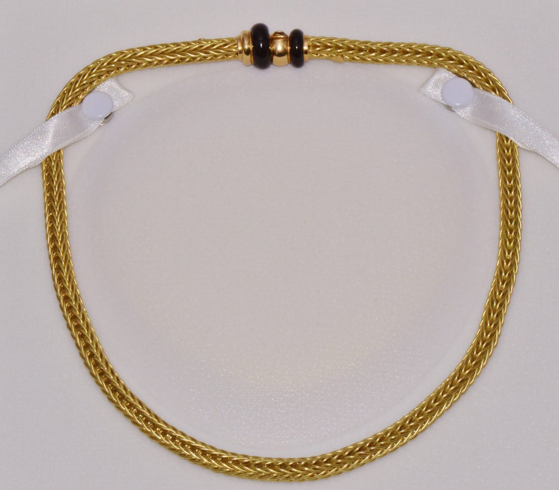 18K Solid Gold Italian Woven Braided Necklace with Black Enamel Accents 49.1g