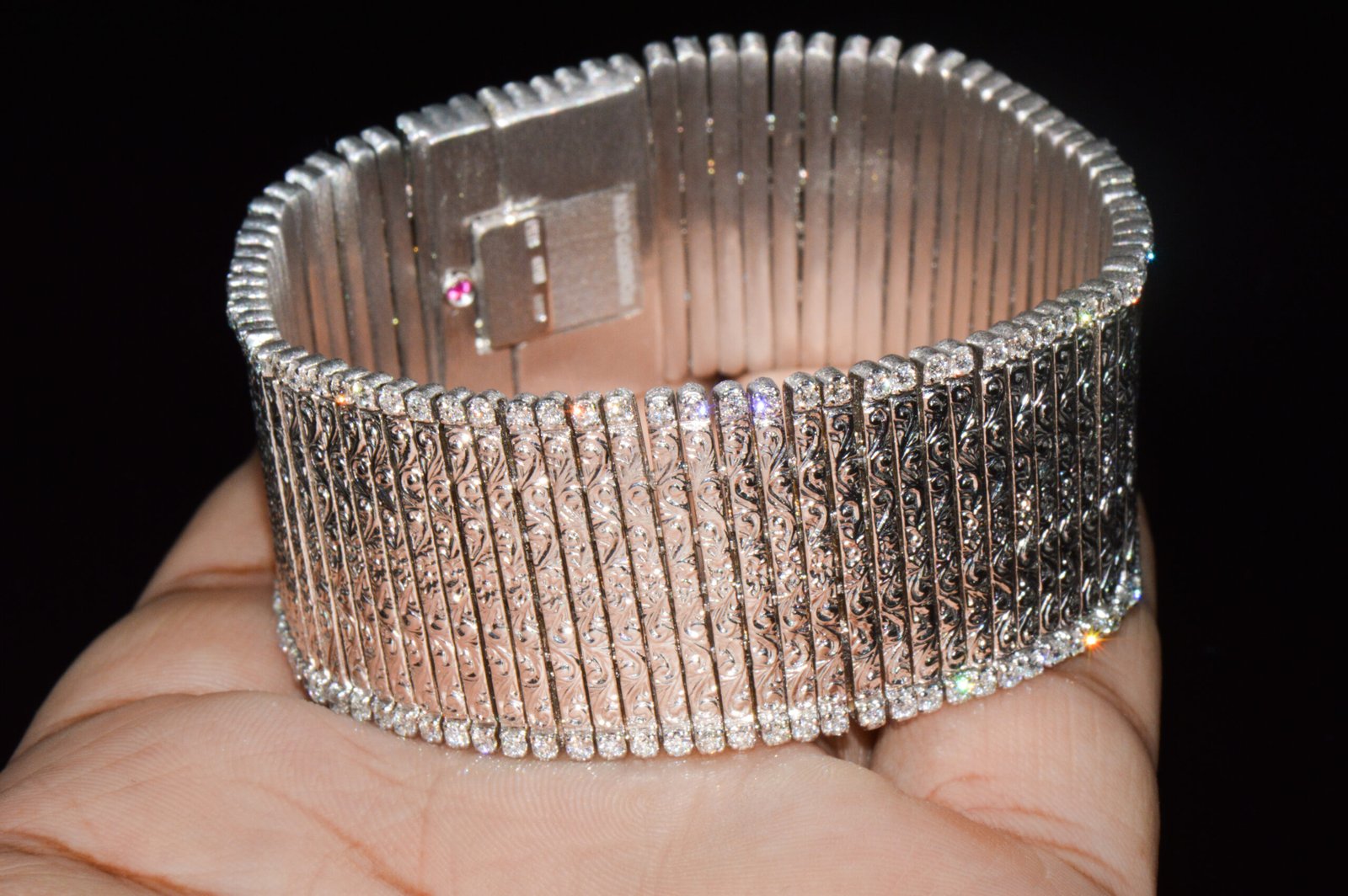 Rare Roberto Coin Natural 3.20CT Diamond Floral Scroll Work Wide Bracelet in Solid 18K White Gold
